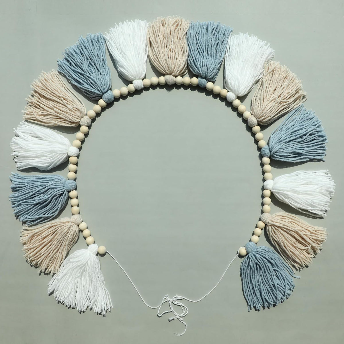 Boho Tassel Garland Wall Hanging with Wood Beads Blue Tassel Garland for Baby Shower Kids Room
