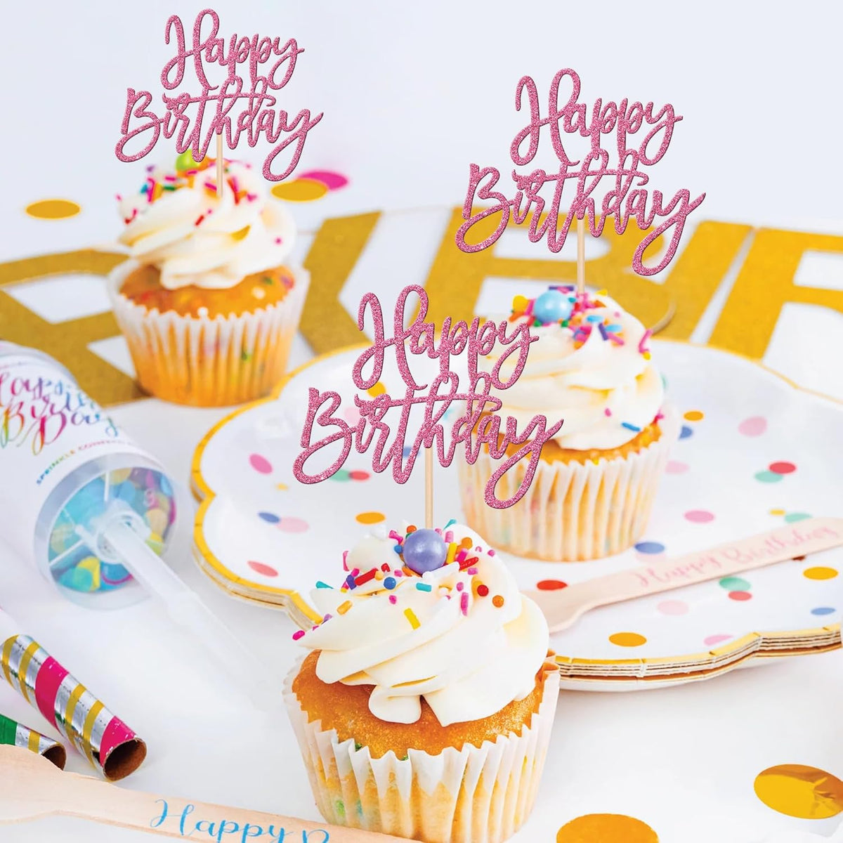 24 PCS Happy Birthday Cupcake Toppers Glitter Happy Birthday Cupcake Picks for Celebrating Happy