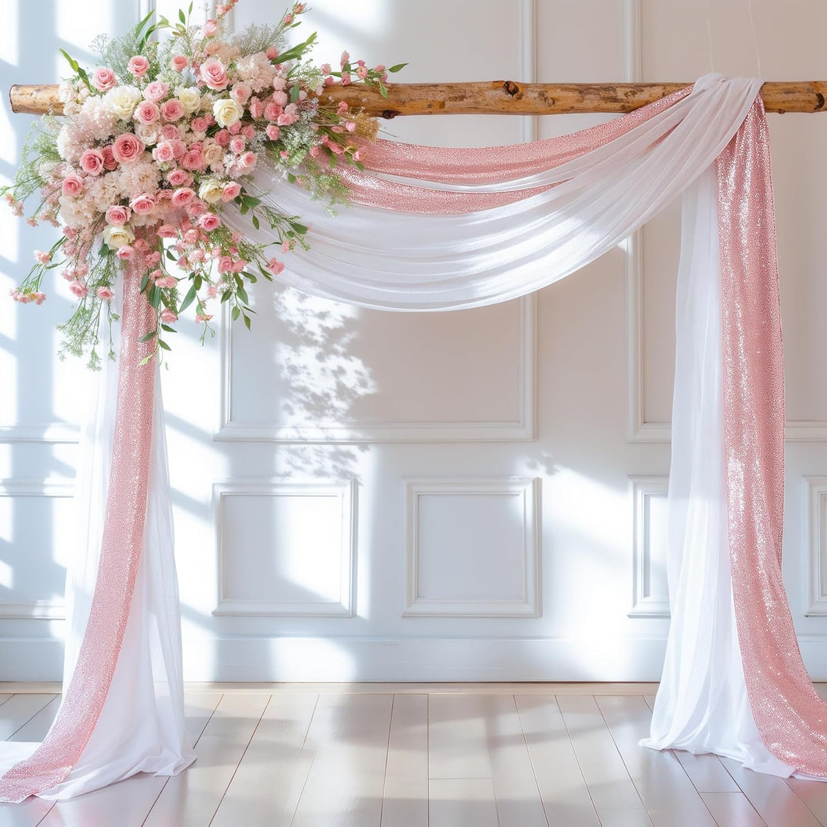 Wedding Arch Draping Fabric, 1 Panel 28" x19ft White Arch Drapes & 1 Panel 16" x19ft Rose Gold