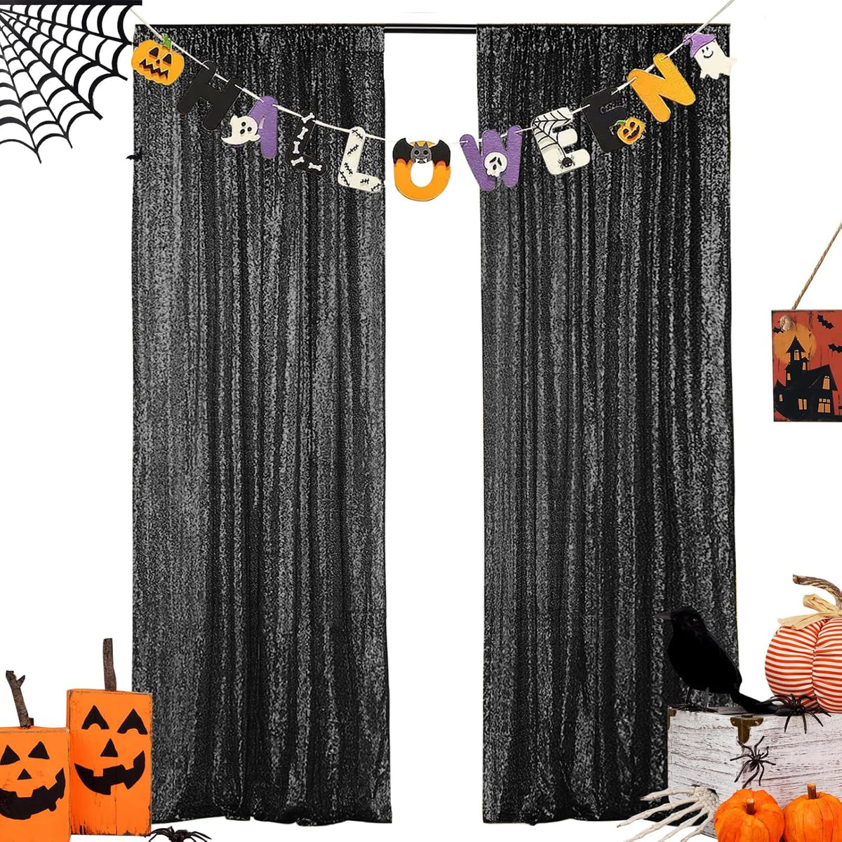 Hahuho Black Sequin Backdrop Curtain, 2PCS 2FTx8FT Glitter Backdrop Curtain for Parties, Christmas