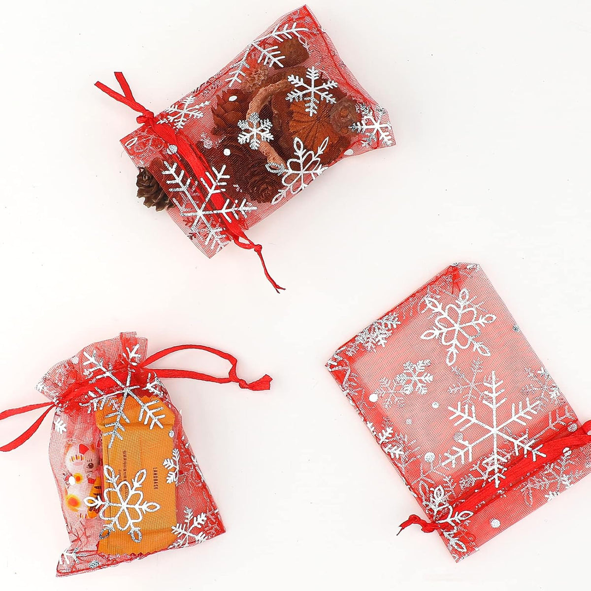 jijAcraft 3x4 Inch Christmas Organza Bags - 100Pcs Red Snowflake Gift Bags with Drawstring, Xmas