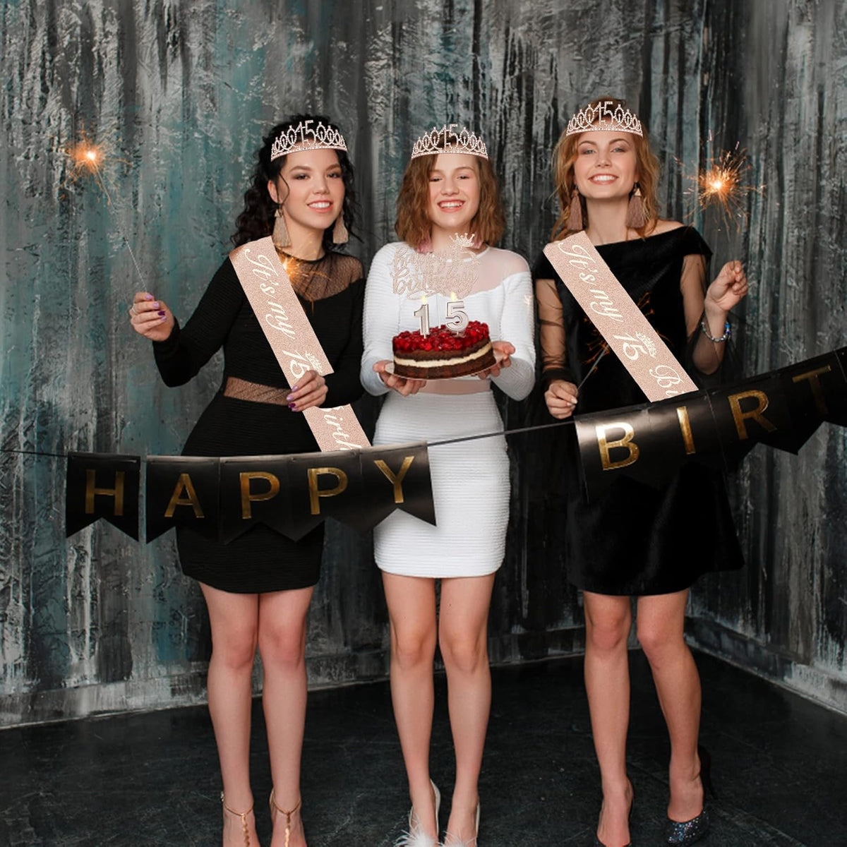 15th Birthday Decorations for Girls, Including Sash, Crown/Tiara, Candles, Cake Toppers. 15th