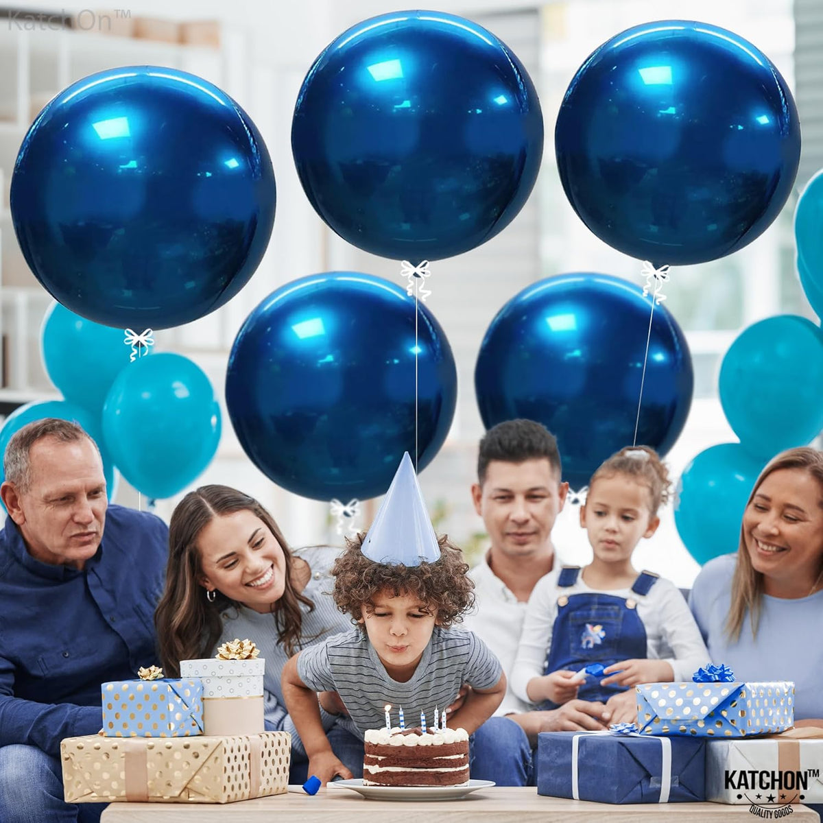 KatchOn, Mylar Metallic Blue Balloons - Big 22 Inch, Pack of 6 | Round Blueberry Balloons for