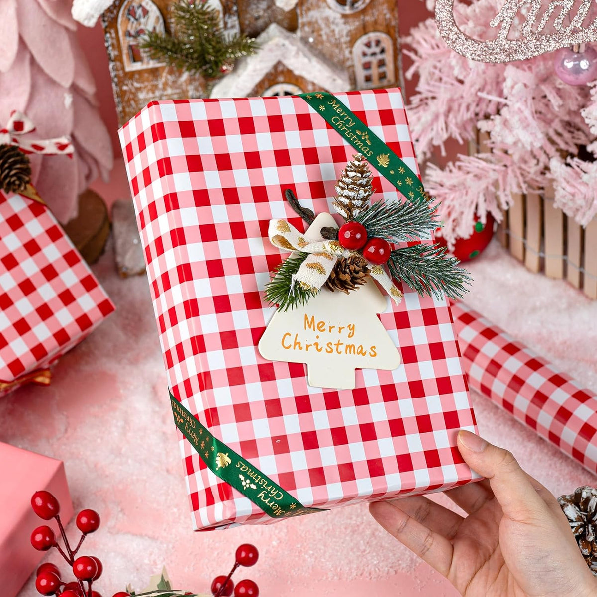 Burymento Red Checkerboard Wrapping Paper, Gift Wrap for Birthday, Valentines, Mothers day