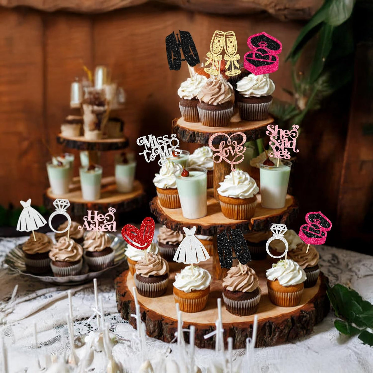 Gyufise 30Pcs She Said Yes Cupcake Toppers Glitter Diamond Ring I Do Love Cupcake Picks Miss to Mrs