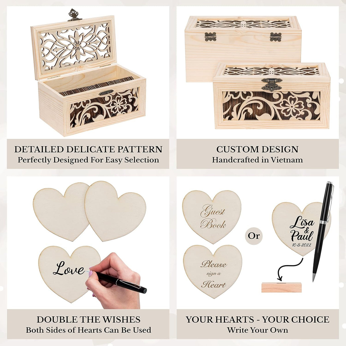 Alternative Guest Book Box - Wedding Guest book Alternative - 62 Large Wooden Hearts - Also for