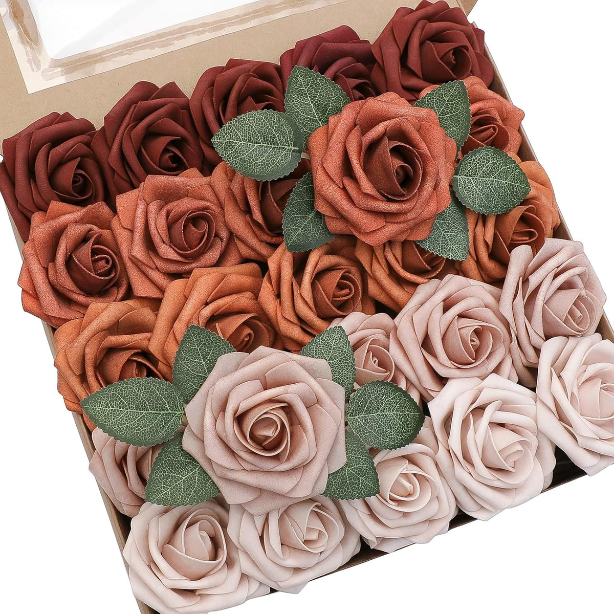 Floroom Artificial Flowers 25pcs Real Looking Terracotta Ombre Colors Foam Fake Roses with Stems