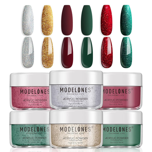 Modelones Christmas Colors Acrylic Powder Kit - 6 Colors Golden Glitter Yellow Green Dark Red