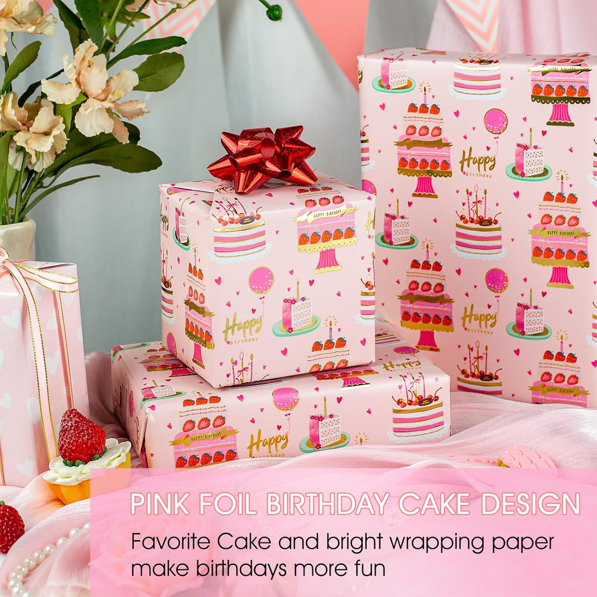 Yarcony Girls Birthday Wrapping Paper Roll, Pink Gift Wrapping Paper,Metallic Foil Pink