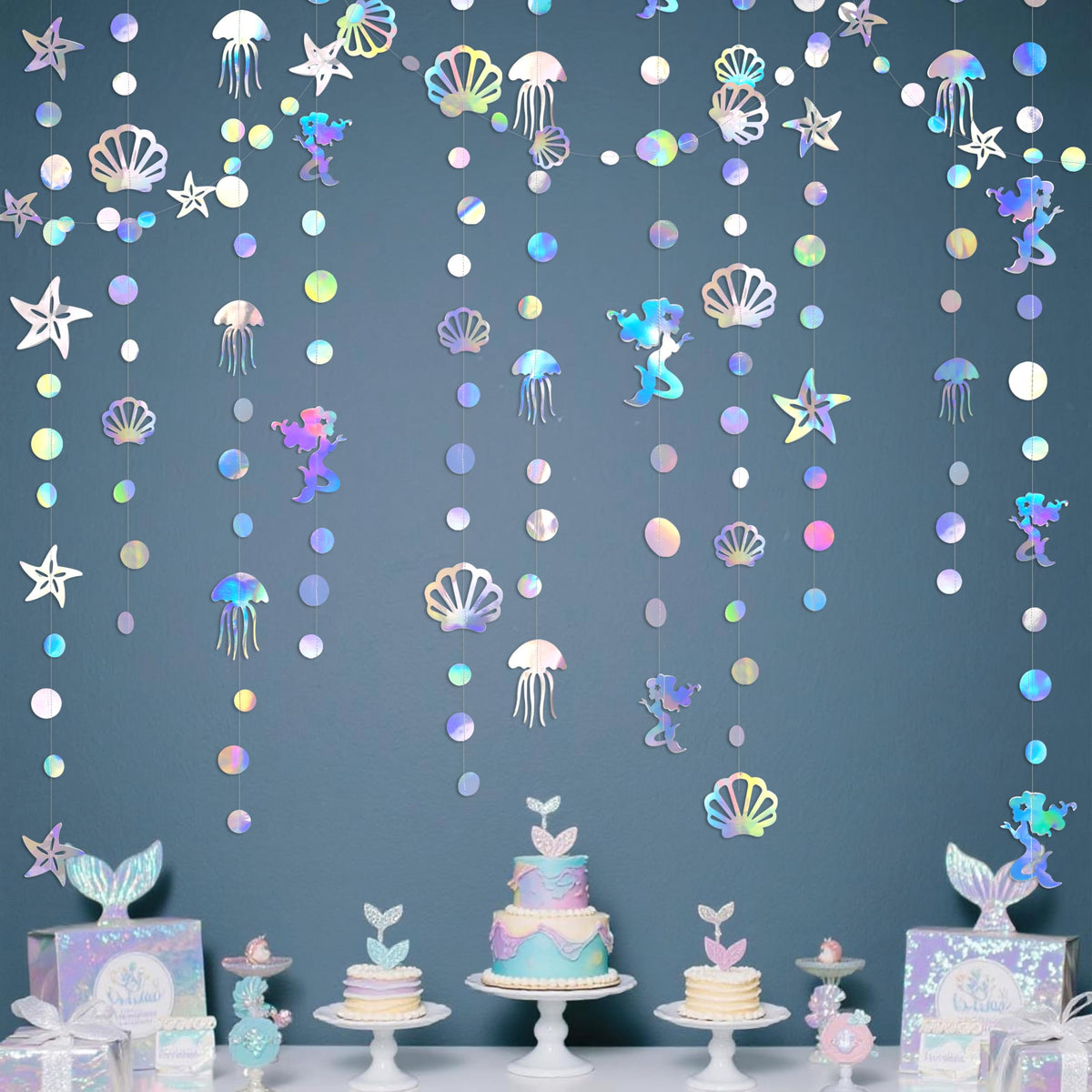 40 Ft Iridescent Mermaid Garland with Jellyfish SeaShell Starfish Pearl Holographic Paper Streamer