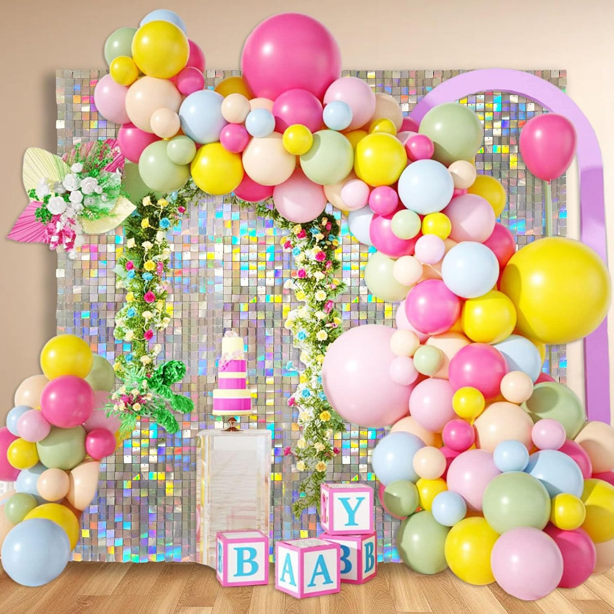 24PCS Colorful Shimmer Wall Backdrop, Square Sequin Backdrops Panel, Glitter Wall Background for