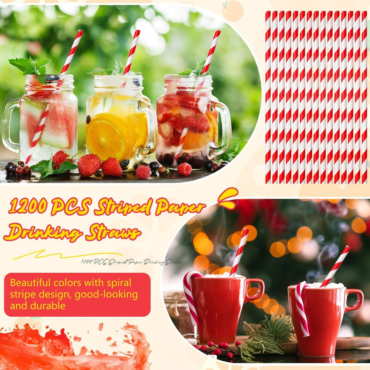 Eaasty 1200 Pcs Colored Paper Straws Bulk Disposable Striped Drinking Paper Straws for Summer