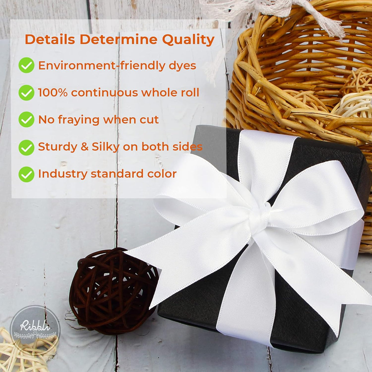 Ribbli Double Faced White Satin Ribbon,1” x Continuous 25 Yards,Use for Bows Bouquet,Gift