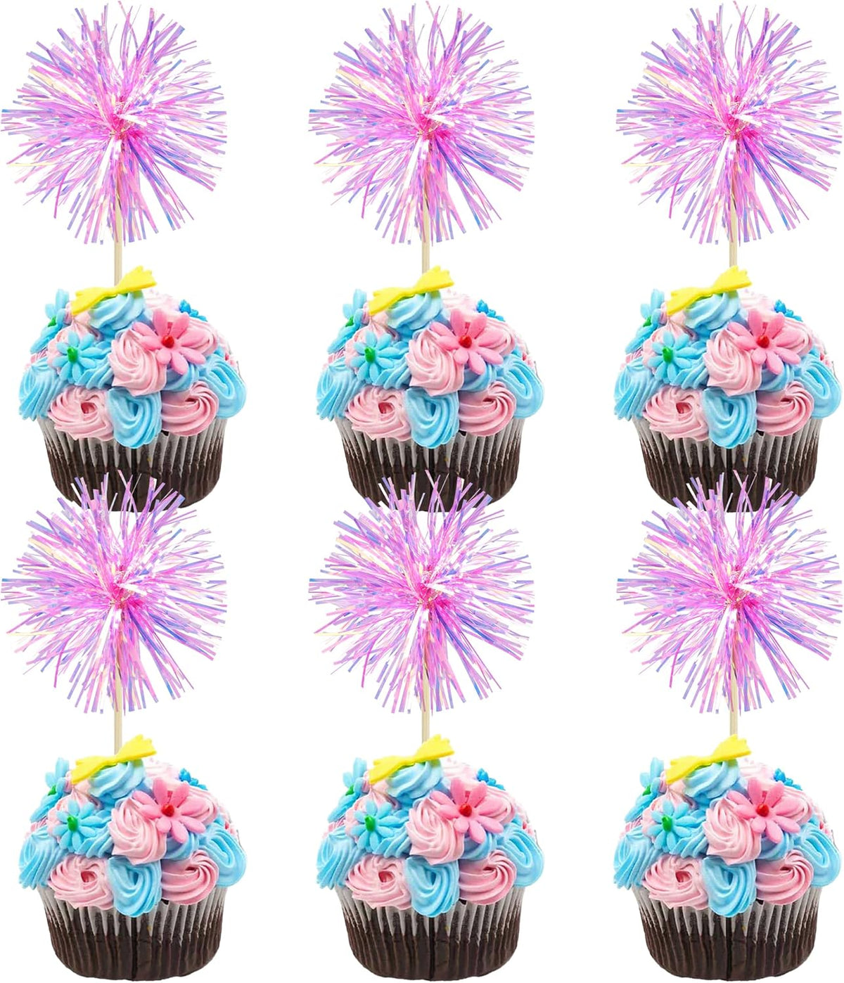 Gyufise 30Pcs Foil Firework Cupcake Toppers Sparkle Tinsel Cake Toppers Tinsel Drink Cake
