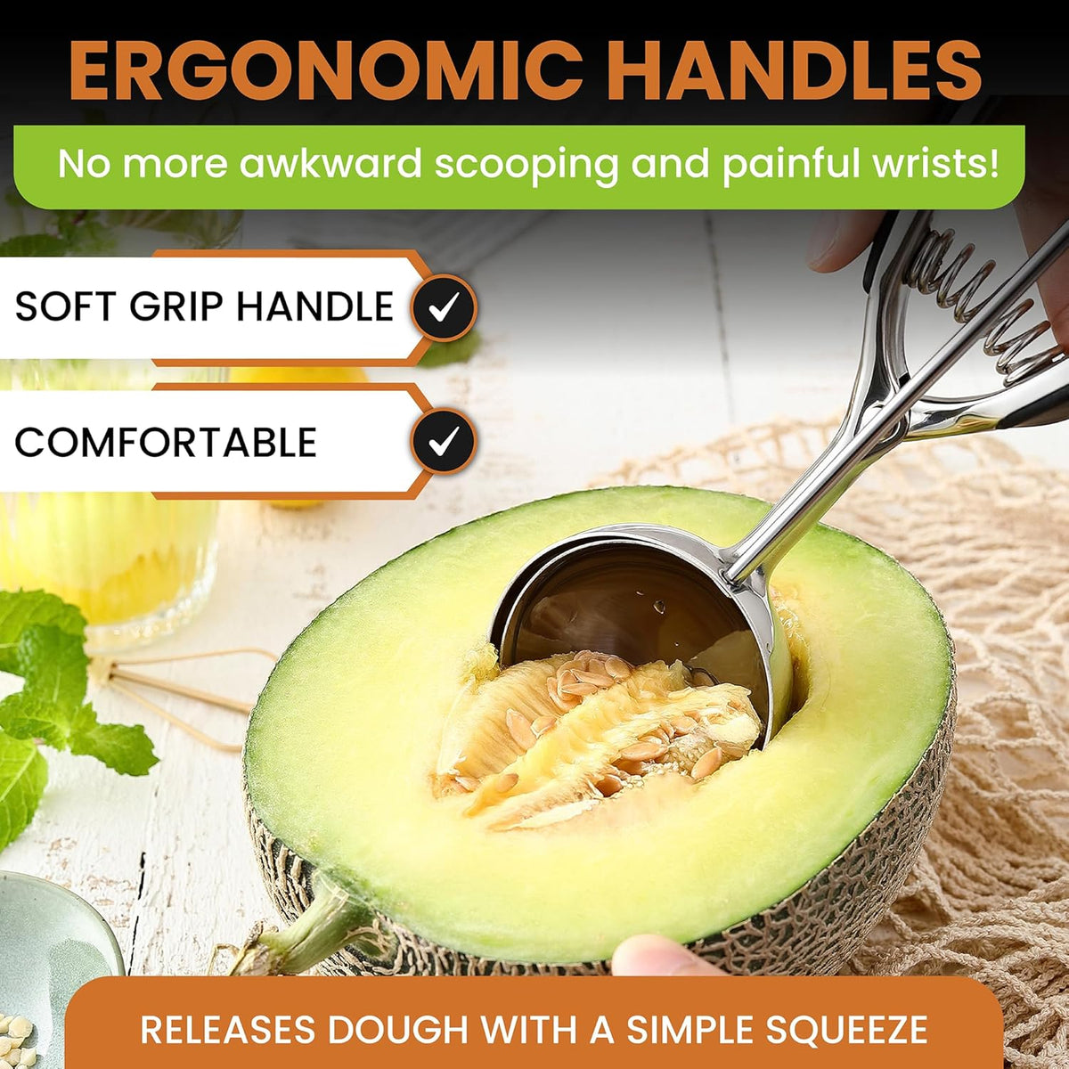 Spring Chef Extra Large Cookie Scoop, 18/8 Stainless Steel Melon Baller Scoop, Spring Loaded