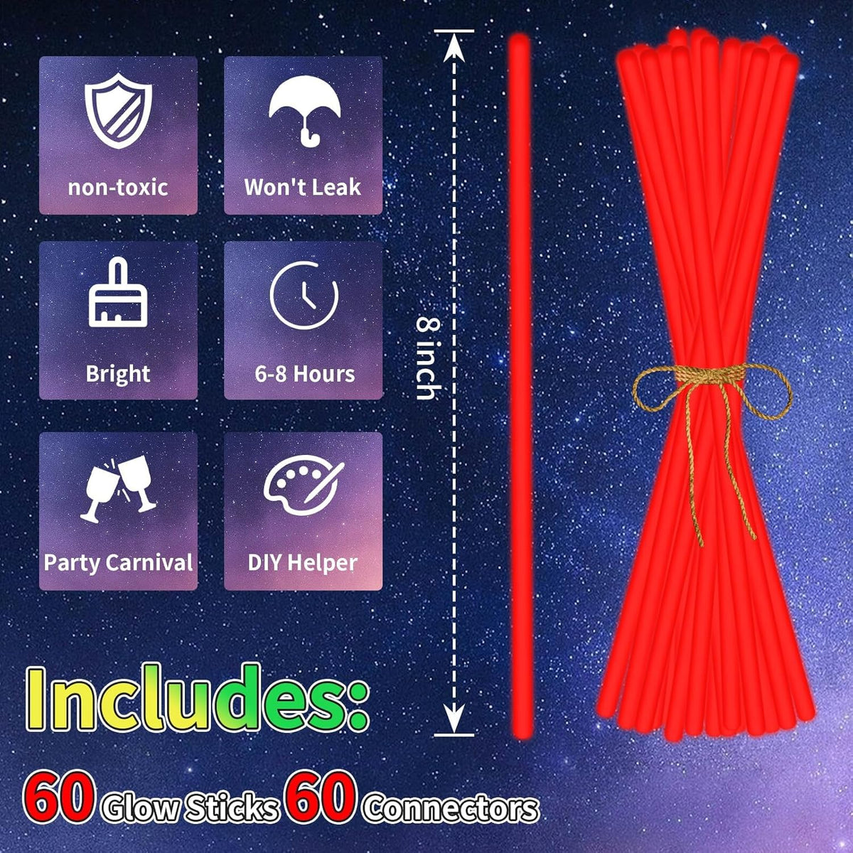 60 Pack 8” Red Glow Sticks Bulk with 60 Connectors Neon Glow In The Dark Party favors Supplies for