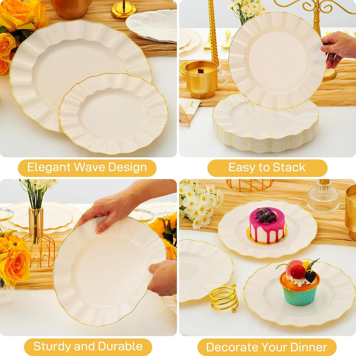 60Pcs Heavy Weight Ivory Plastic Plates with Gold Trim, Heavy Duty Wedding Plates, Elegant