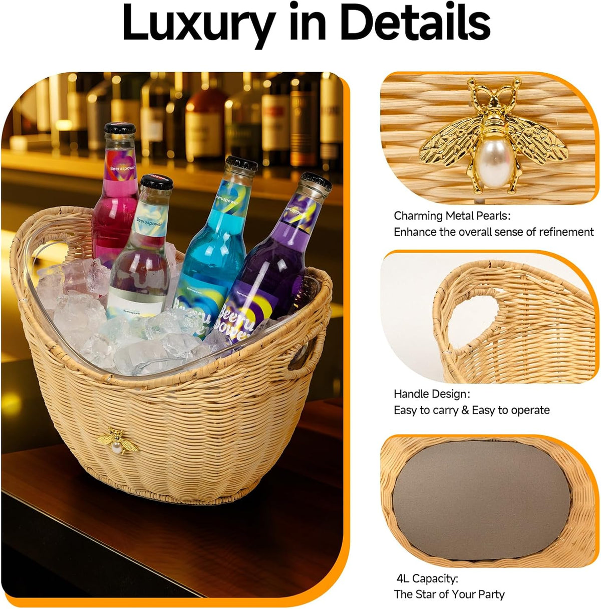 Lexenic Ice Bucket with Handle Hole, Woven and Acrylic Double Layer Basket Design, 4L Champagne