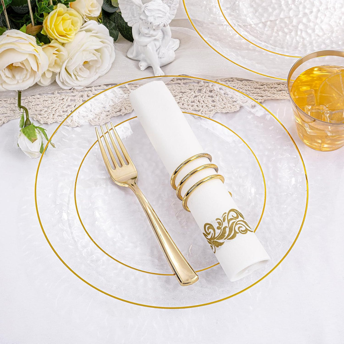 Rubtlamp 175 Pcs Plastic Dinnerware Set (25 Guests), Clear And Gold Plastic Plates, Hammered Party
