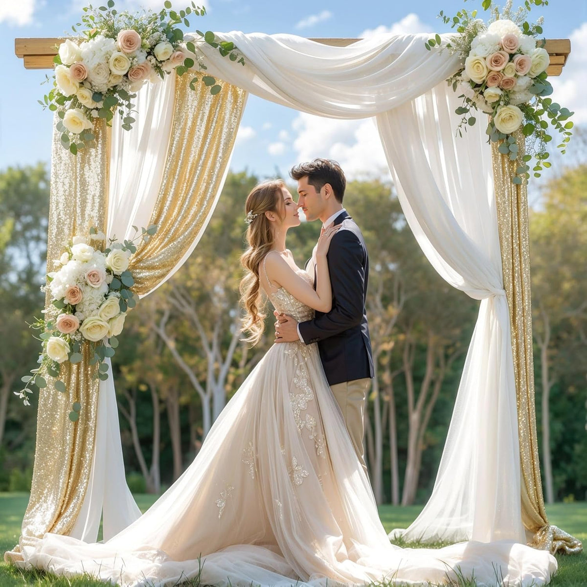 Wedding Arch Draping Fabric, 1 Panel 28" x19ft White Arch Drapes & 1 Panel 16" x19ft Champagne
