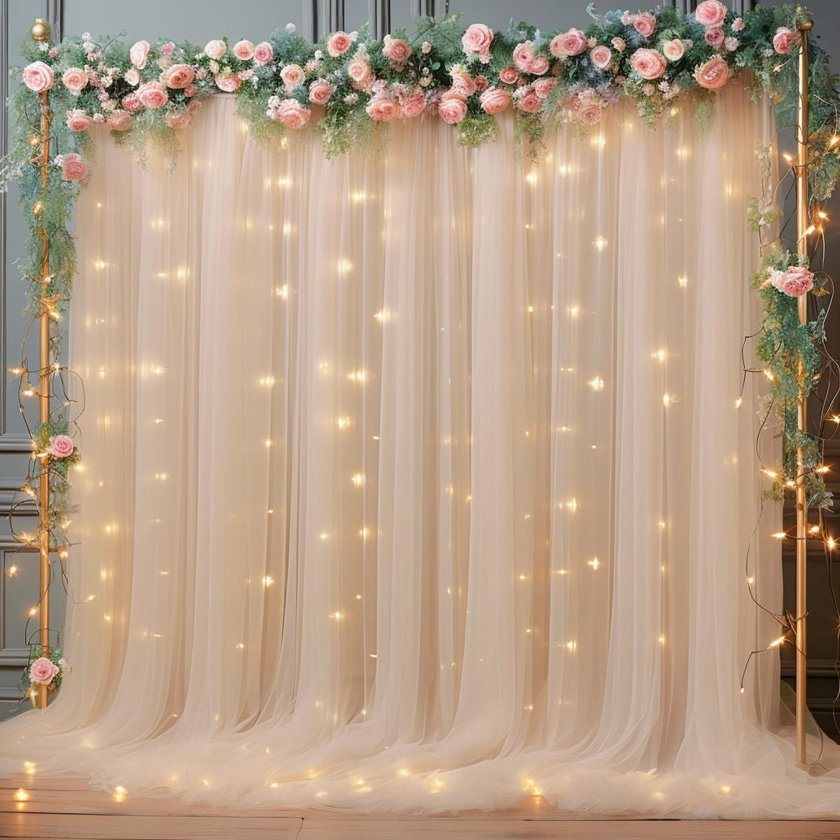 10x10ft Champagne Tulle Backdrop Curtain with Lights String for Parites, Sheer Backdrop Curtains