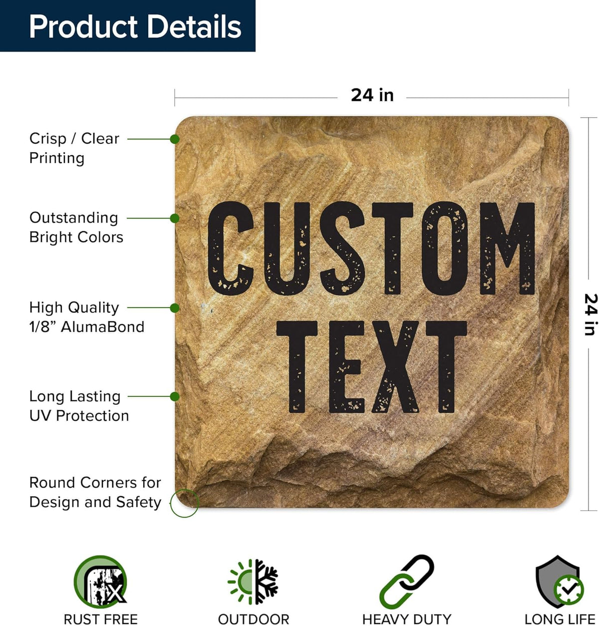 Custom Sign, Custom Street Sign, 11 Font Colors, 13 Font Styles, 4 Hole Options, 22 Sizes, 24x24
