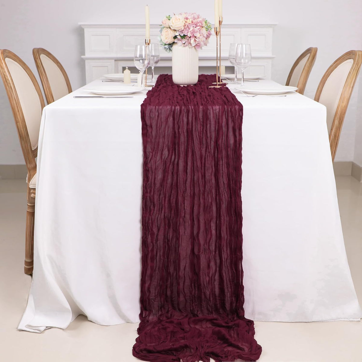 Snowkingdom 6PCS 10 Ft Burgundy Red Cheesecloth Table Runner, 120inch Long Cheese Cloth Boho Gauze