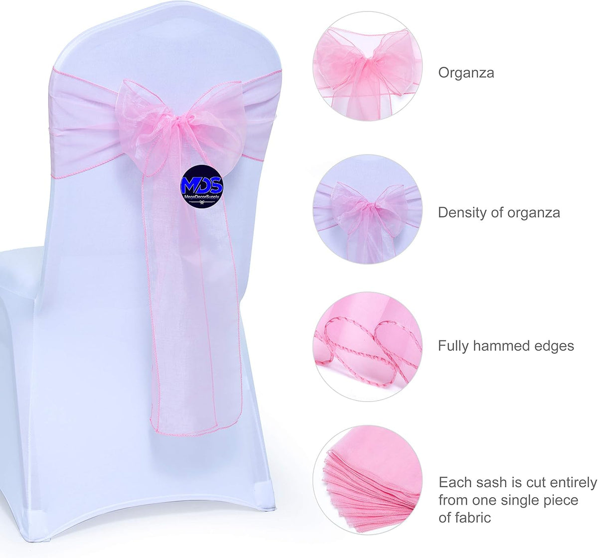 MDS Pack of 50 PCS Organza Chair Sashes Wider Dining Chair Bows Ribbon Tie Back for Wedding Party