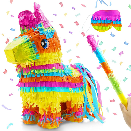 16" Cinco de Mayo Pinata, Large Rainbow Color Donkey Pinata 16 x 13 x 5.5 ln with Stick and