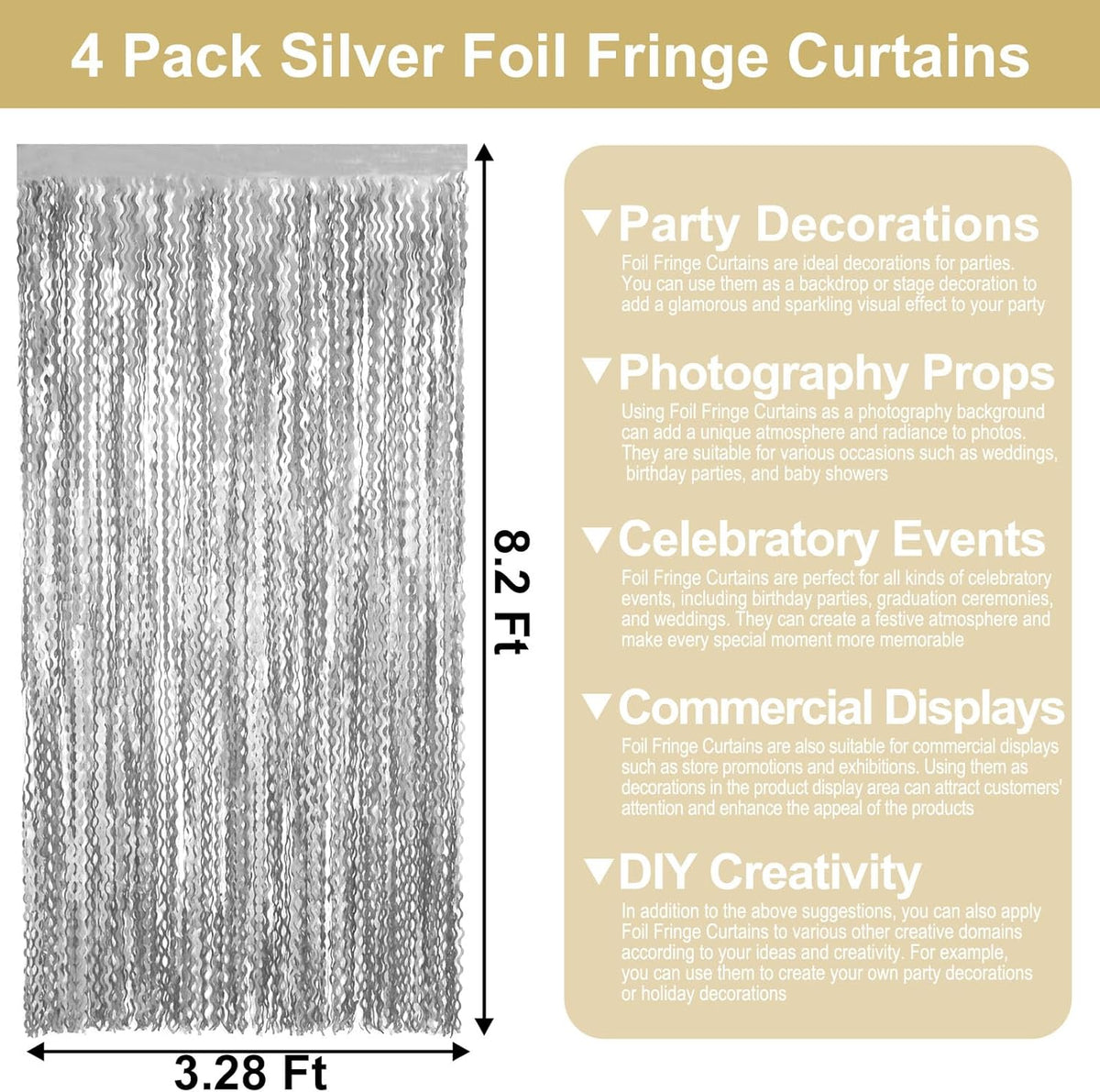 4 Pack Silver Wave Foil Fringe Curtain Backdrop, 3.28Ft x 8.2Ft Metallic Tinsel Foil Fringe
