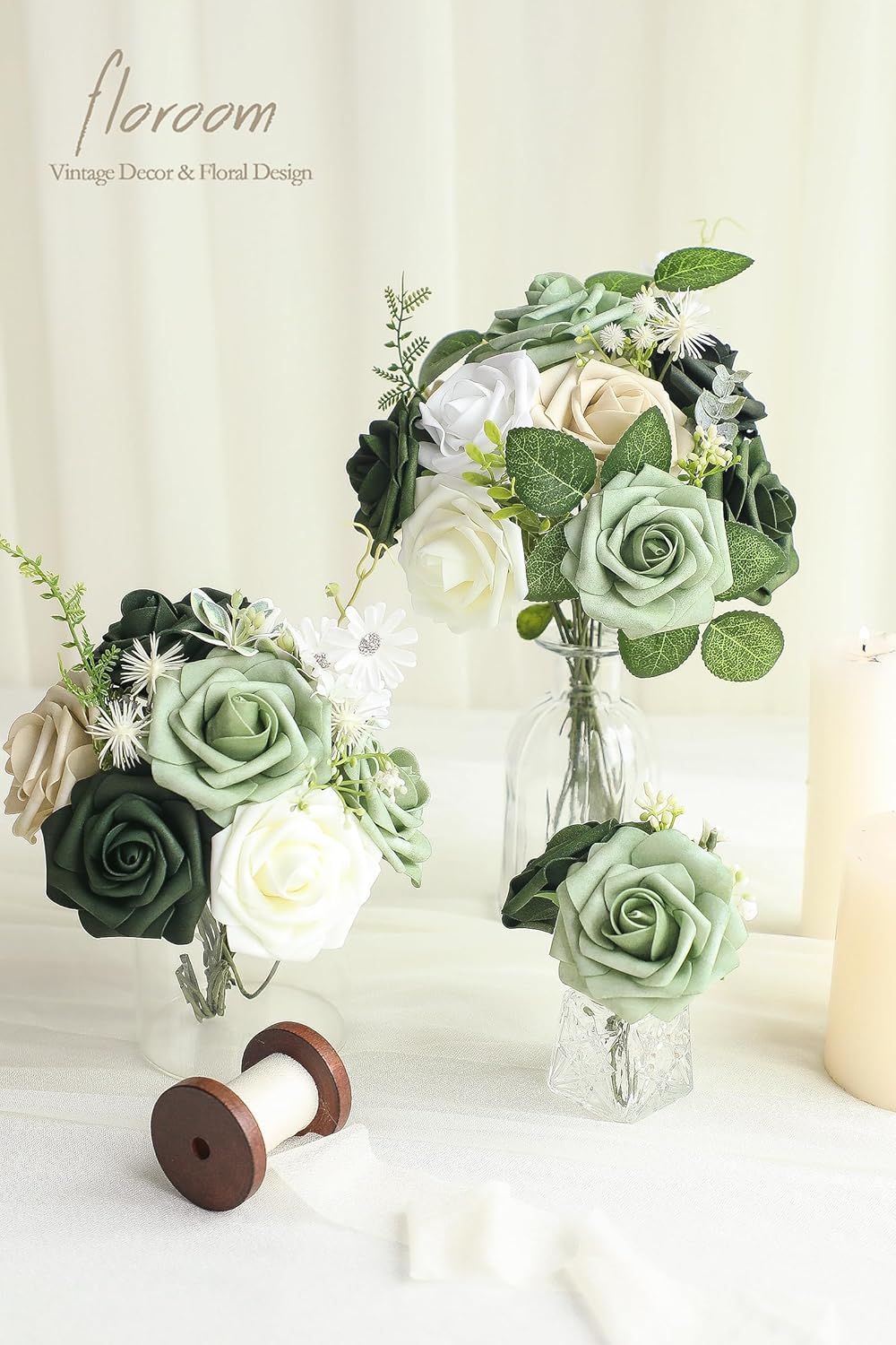 Floroom Artificial Flowers 50pcs Real Looking Elf Green Foam Fake Roses with Stems for DIY Wedding
