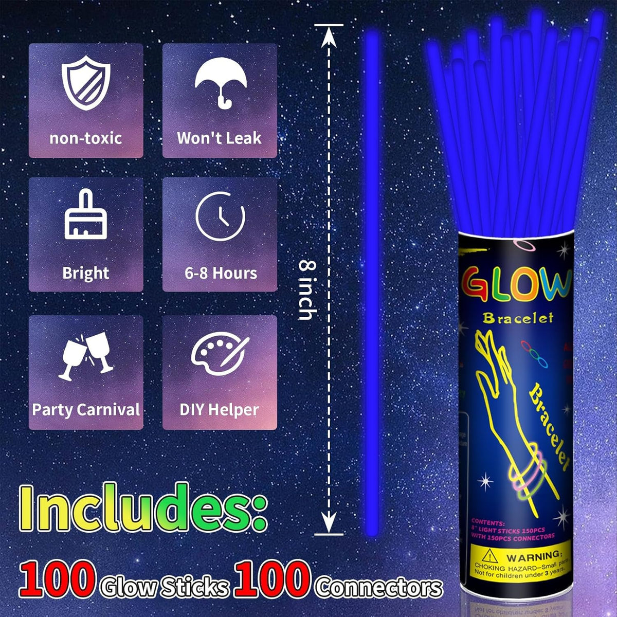 100 Pack 8” Blue Glow Sticks Bulk with 100 Connectors Neon Glow In The Dark Party favors Supplies