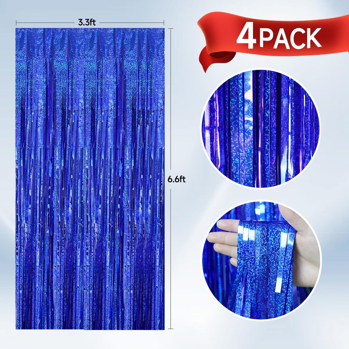 QRabbit 4 Pack Backdrop Curtains, Blue Foil Fringe Curtain Tinsel Backdrop, Party Streamers for