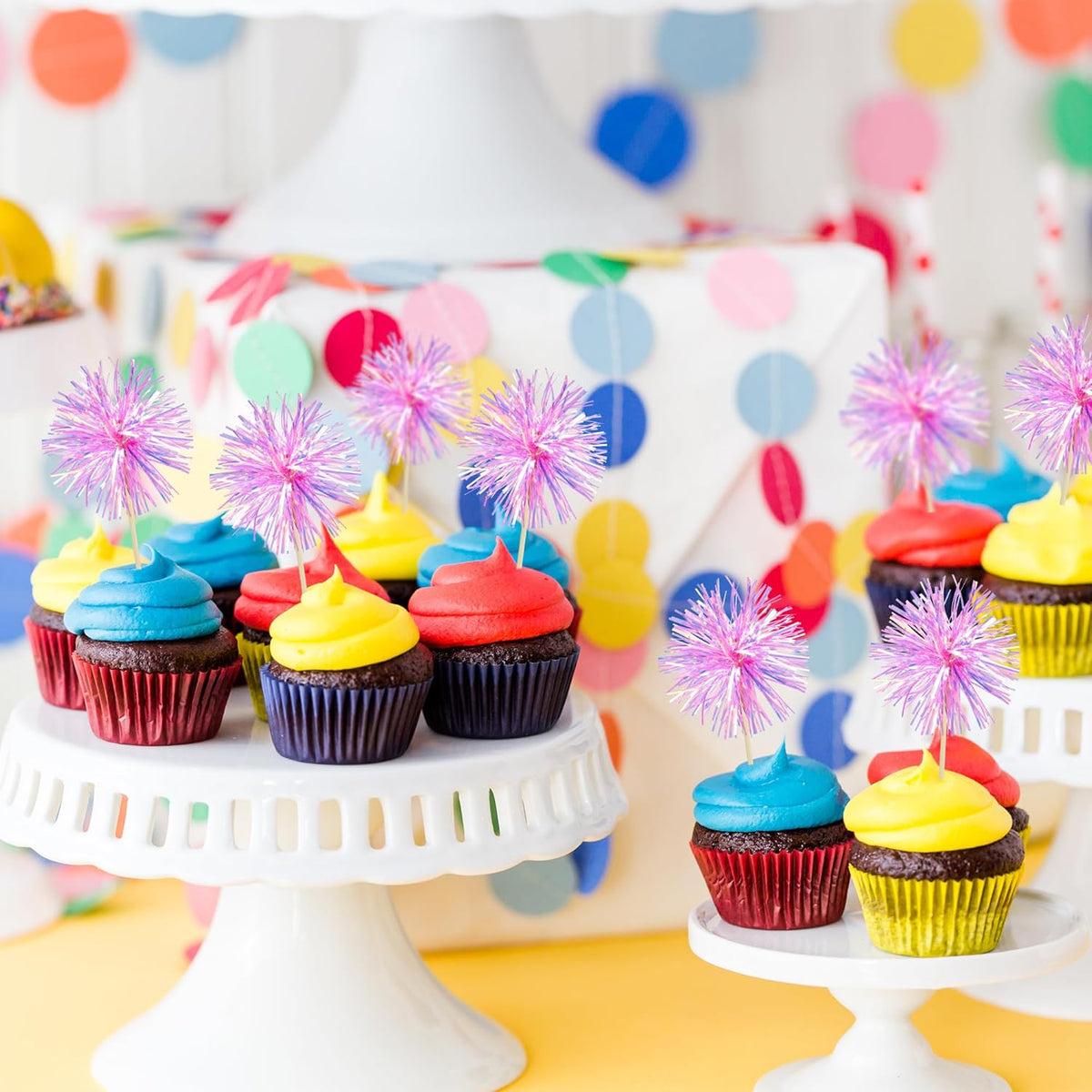 Gyufise 30Pcs Foil Firework Cupcake Toppers Sparkle Tinsel Cake Toppers Tinsel Drink Cake