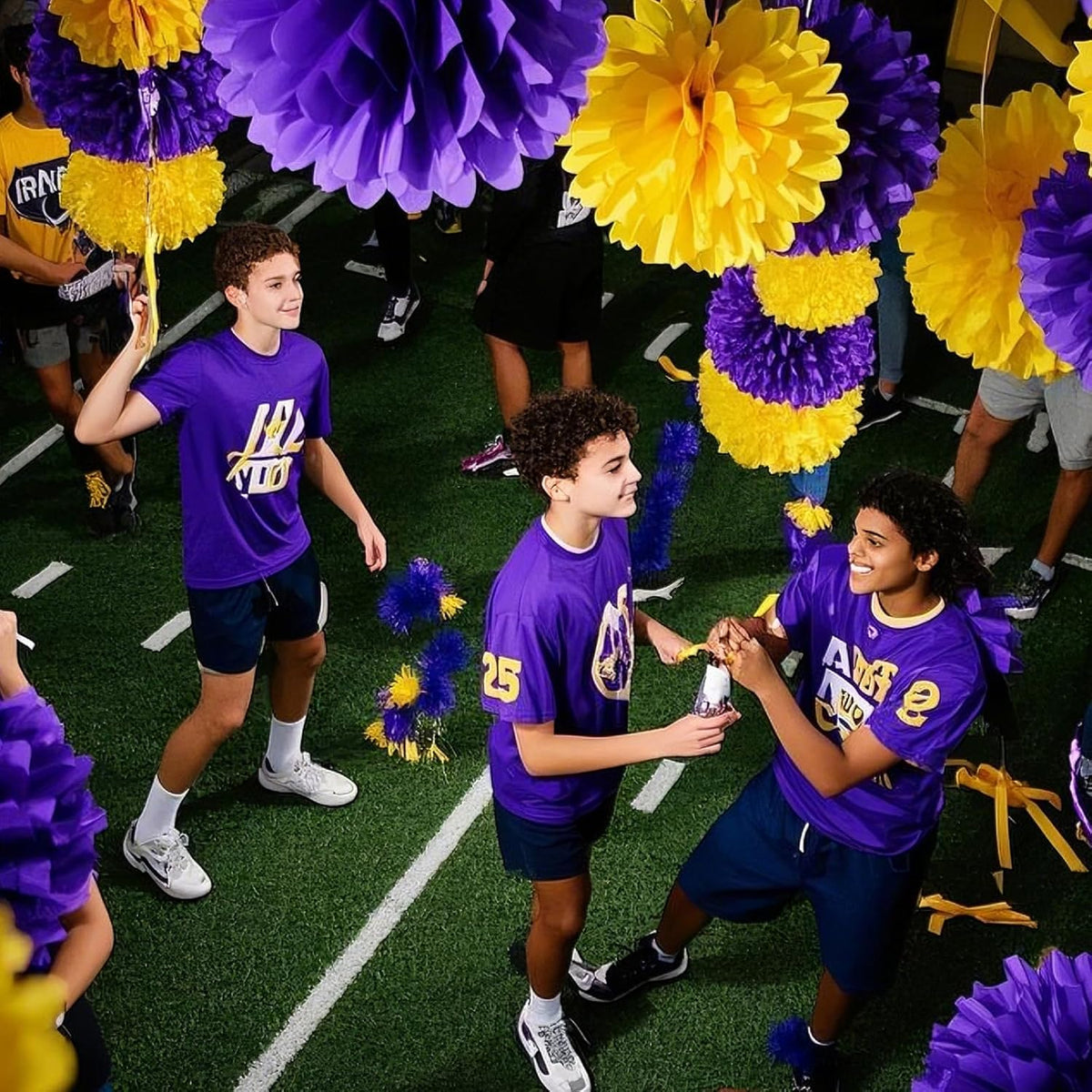 Capesaro Purple Yellow Tissue Paper Pom Poms，12PCS Tissue Paper Flowers for Basketball Sport Theme