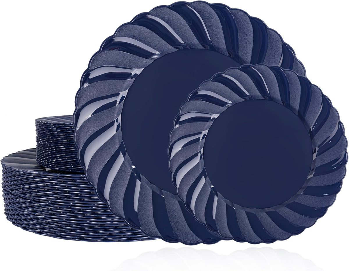 U-QE 60 Pcs Blue Plastic Plates for Party – Scalloped Blue Plates Disposable Heavy Duty – Include