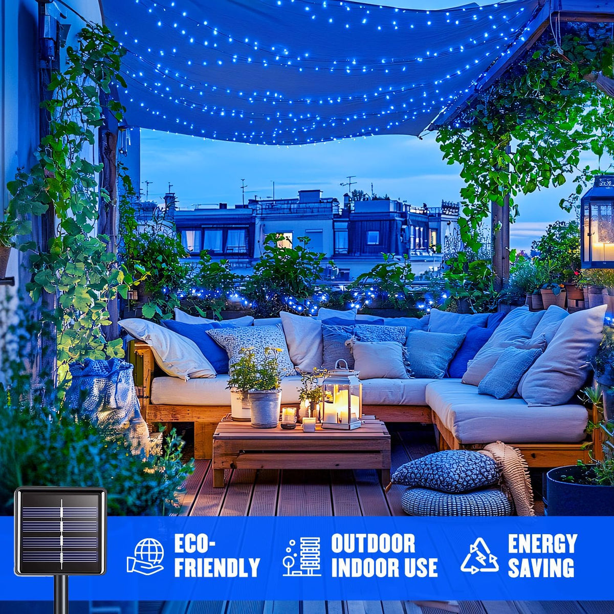 JMEXSUSS 2 Pack Blue Solar Christmas Lights: 100 LED 33ft Blue Solar Lights Outdoor, 8 Modes Solar