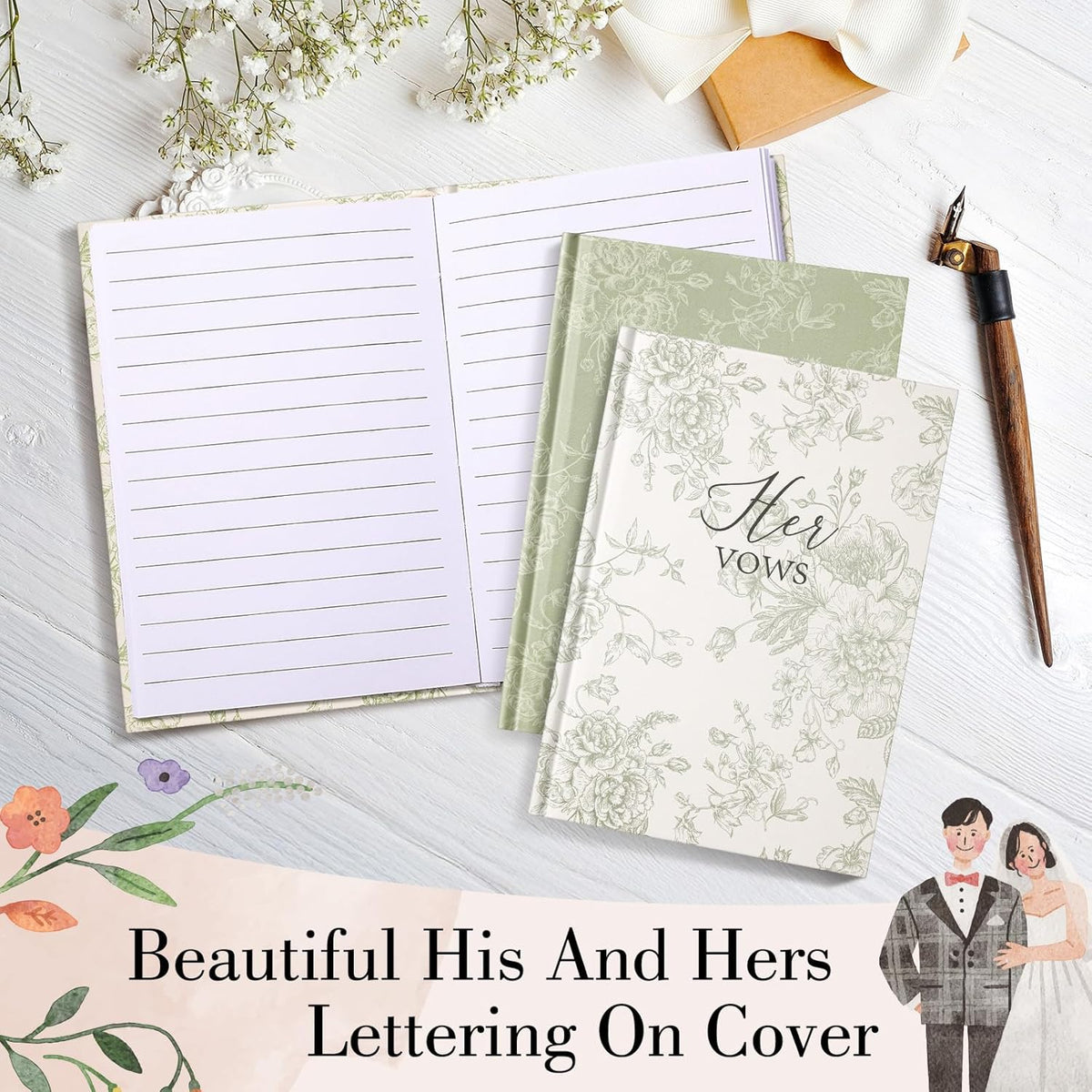 Set of 2 Vow Books His and Hers, Wedding Vow Books (6.06x4.17) Wedding Keepsake Essentials Elegant