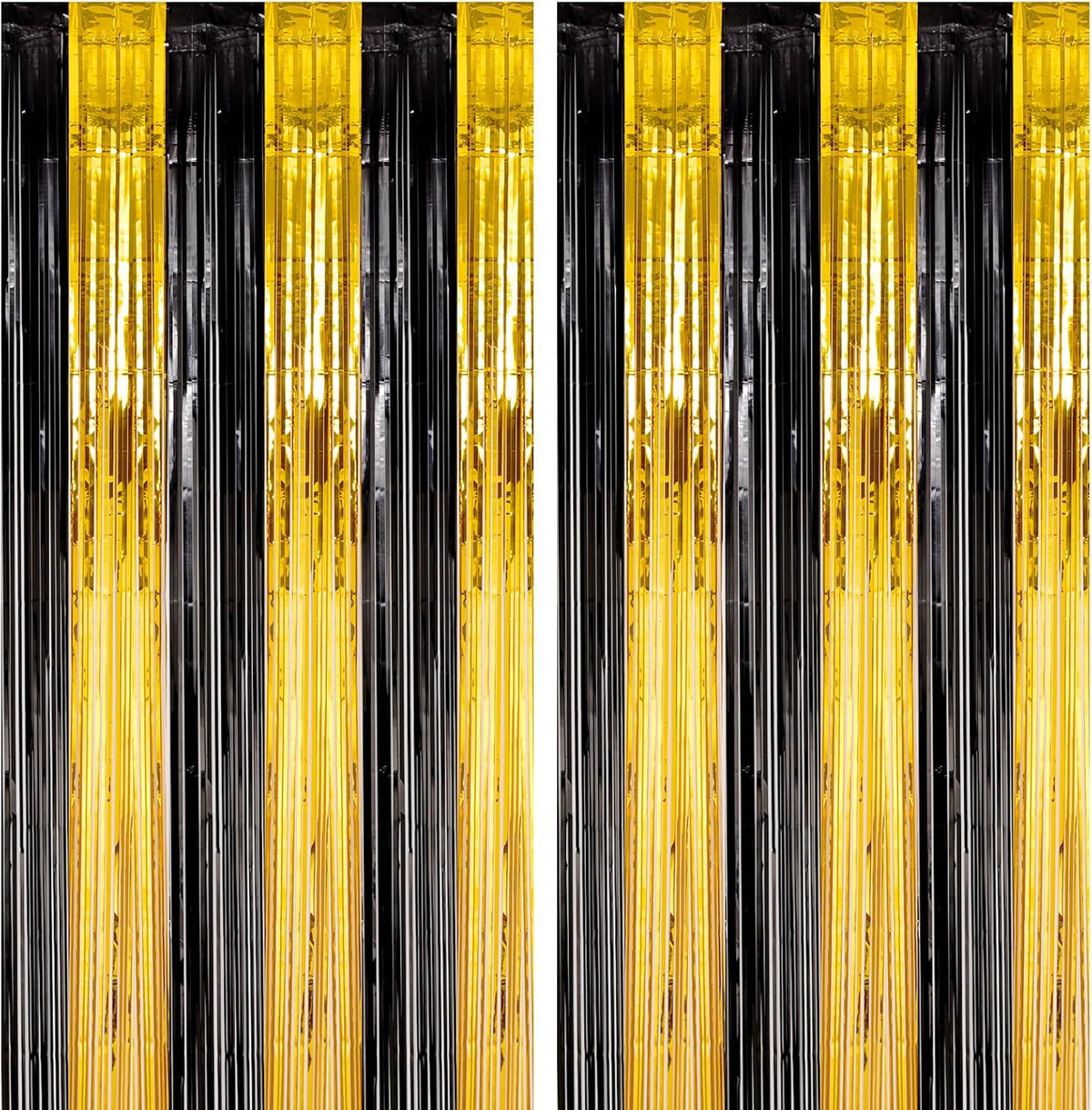 2 Pack Black and Gold Foil Fringe Backdrop Curtains, Tinsel Streamers Birthday Party Decorations
