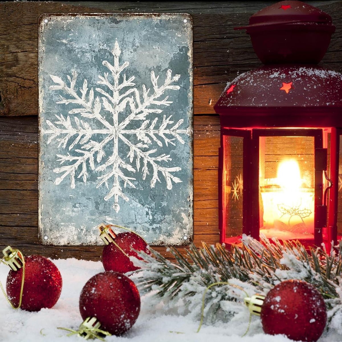 Vintage Christmas Tin Sign - Winter Snowflakes Metal Tin Sign - Wall Decor Sign for Outdoor