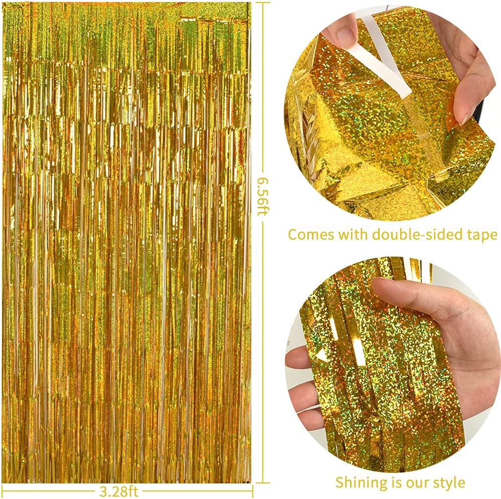 TONIFUL 3Pcs Laser Gold Door Streamers, Metallic Foil Fringe Curtains for Birthday, Christmas, New