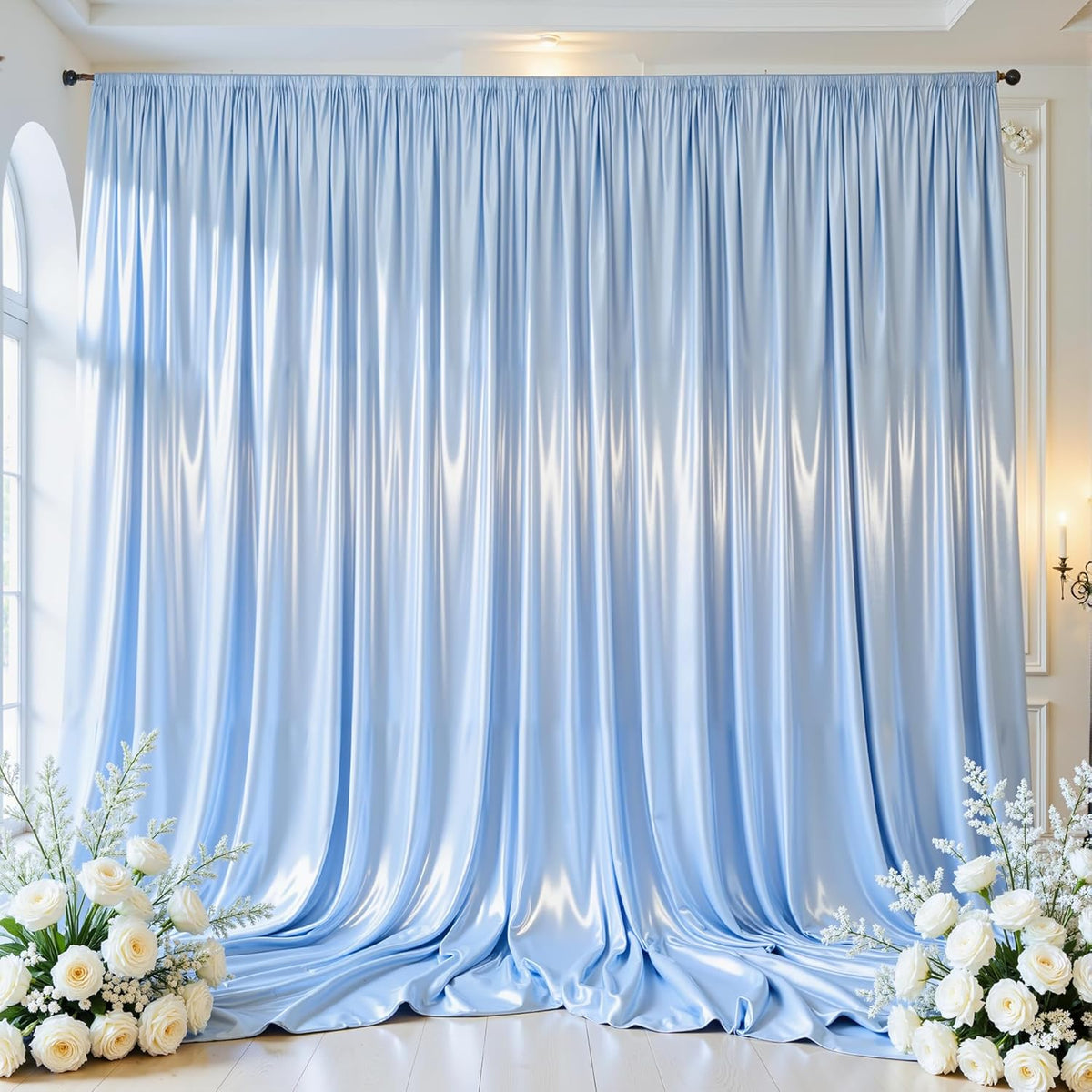 Blue Satin Backdrop Curtains 2 Panels - Glitter Photo Drapes for Baby Shower, 10x10FT Shimmer Back