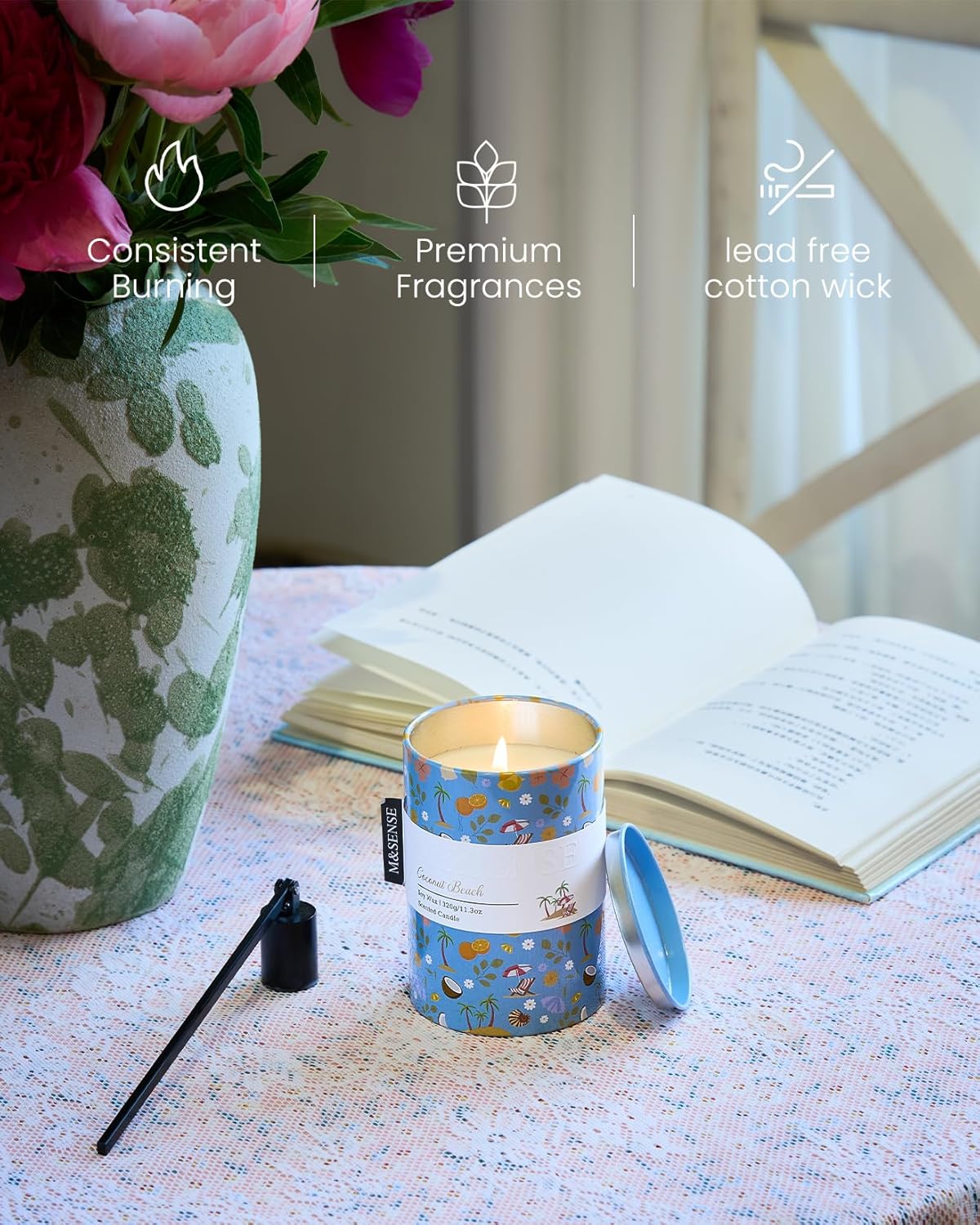 M&SENSE Coconut Beach Scented Candle, Medium Jar Candle 11.3oz Natural Soy Wax for Home Scented