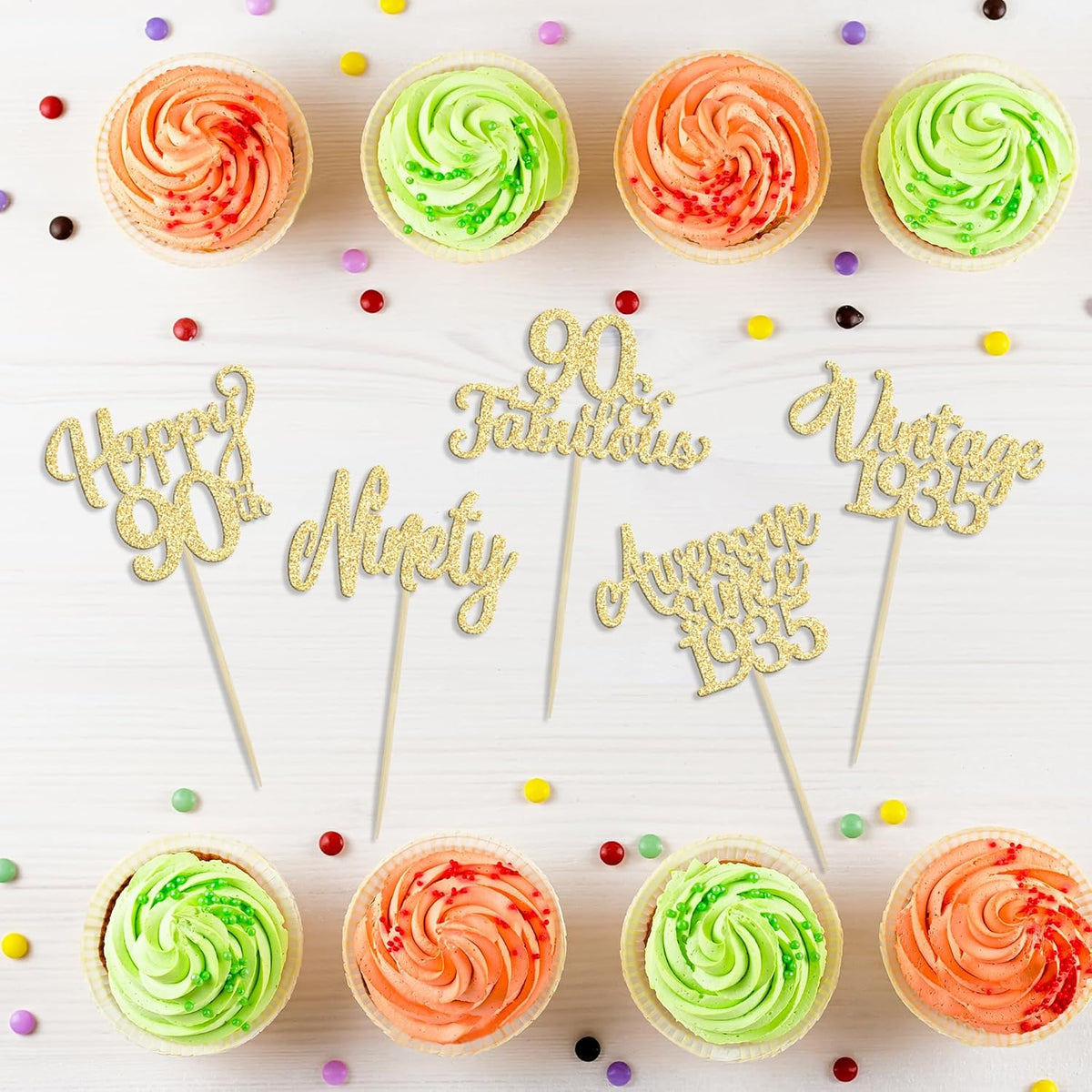 30Pcs Vintage 1935 Cupcake Toppers Glitter Ninety Happy 90th Birthday 90 Fabulous Cupcake Picks