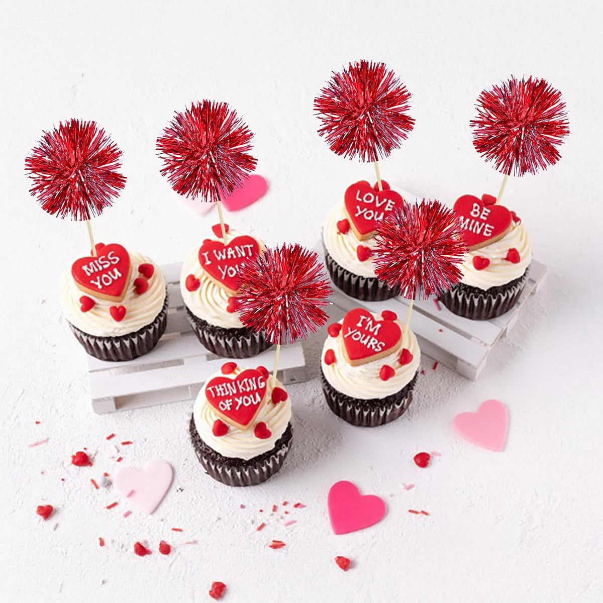Ephlyn 30Pcs Foil Firework Cupcake Toppers Sparkle Tinsel Cupcake Picks Happy Birthday Cake Toppers