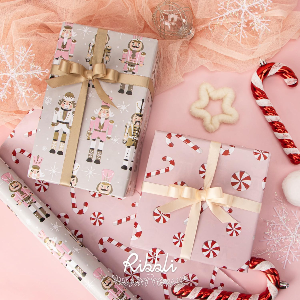 Ribbli Reversible Christmas Wrapping Paper Rolls, Nutcracker and Candy Cane Pink Gift Wrapping