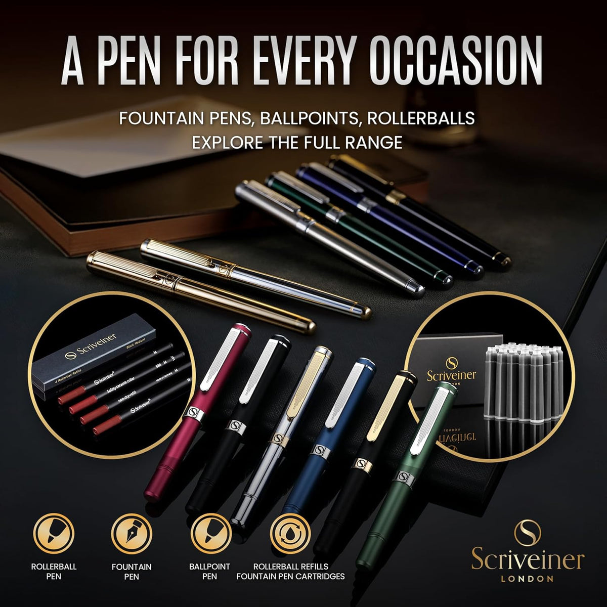 Scriveiner Midnight Blue Fountain Pen - Stunning Luxury Pen with Chrome Appointments, Schmidt Nib