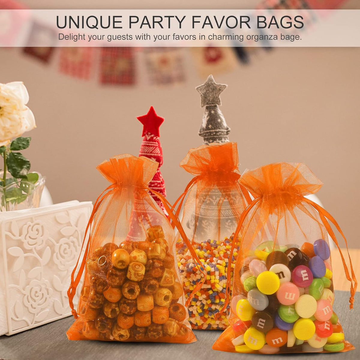 ANZNKU 100 Pack Organza Bags - 4x6 inch Small Sheer Mesh Gift Bags with Drawstring - Premium Orange