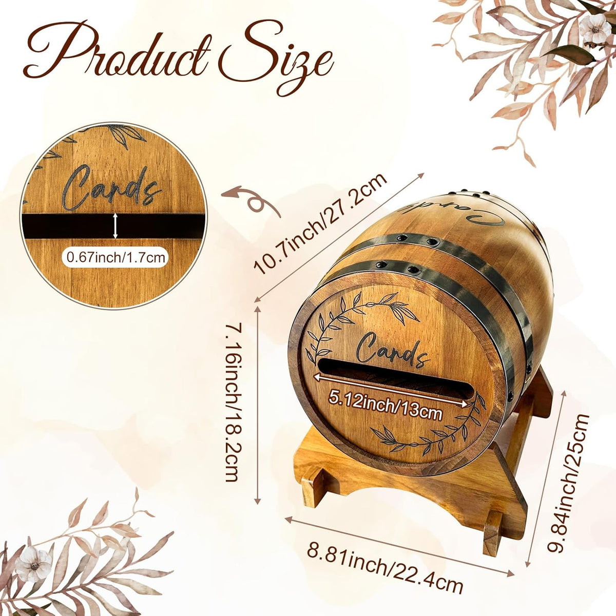 OurWarm Wooden Wedding Card Box for Party with Base, Brown Whiskey Barrel Gift Card Box Holder for