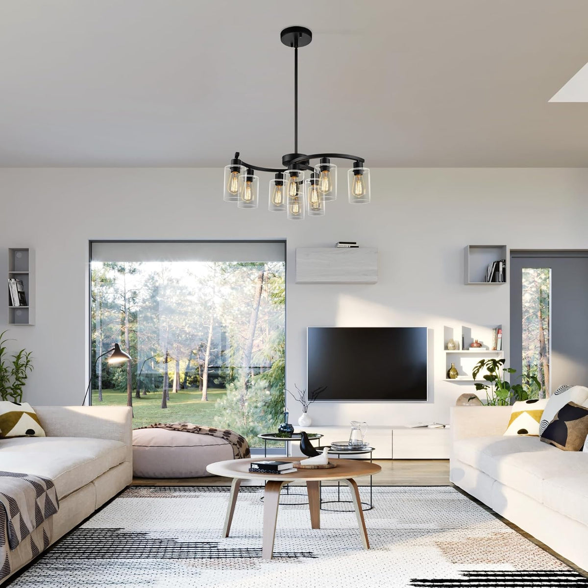 9-Light Black Modern Chandeliers for Dining Room, Adjustable Height Farmhouse Kitchen Island